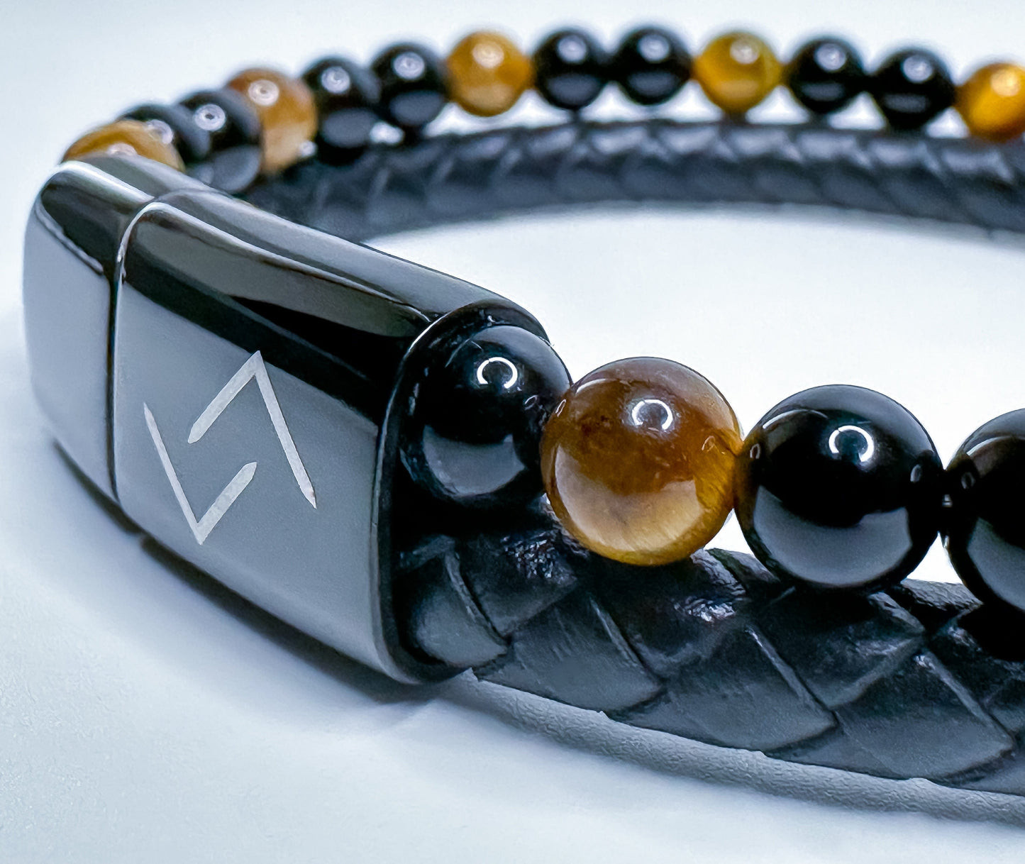 RUNESILK Leather, Onyx and Brown Tiger's Eye Bead Bracelet