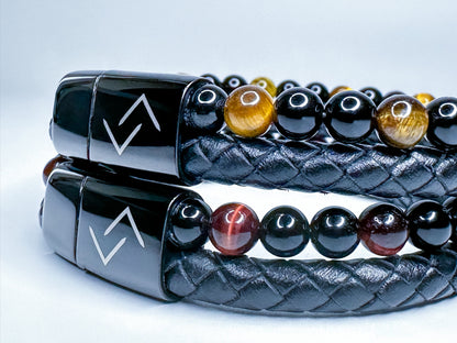 RUNESILK Leather, Onyx and Brown Tiger's Eye Bead Bracelet
