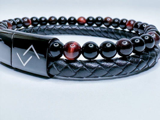 RUNESILK Leather, Onyx and Red Tiger's Eye Bead Bracelet
